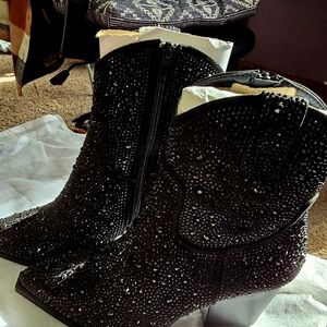 Black Rhinestone Embellished Ankle Boots